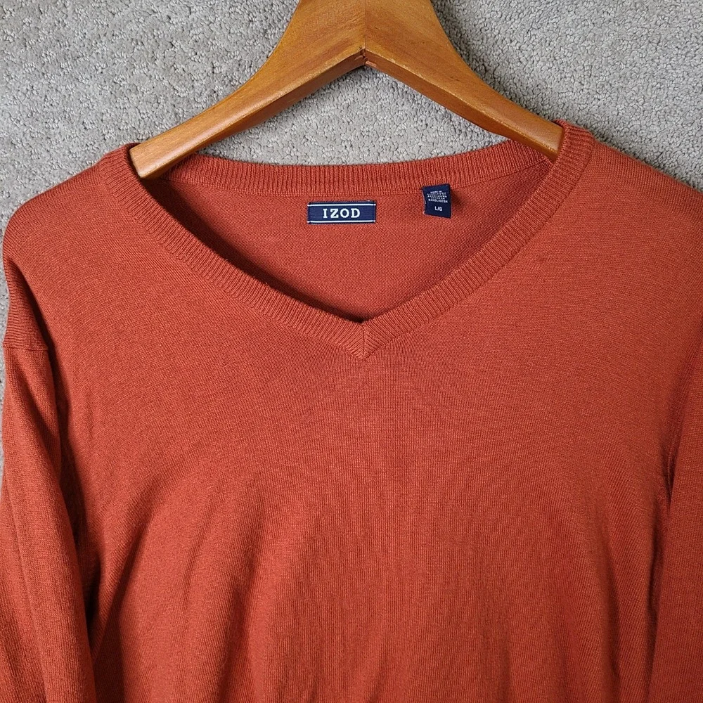 Izod Sweater Mens Large Orange V Neck Cotton Blend‎ Long Sleeve Casual Pullover